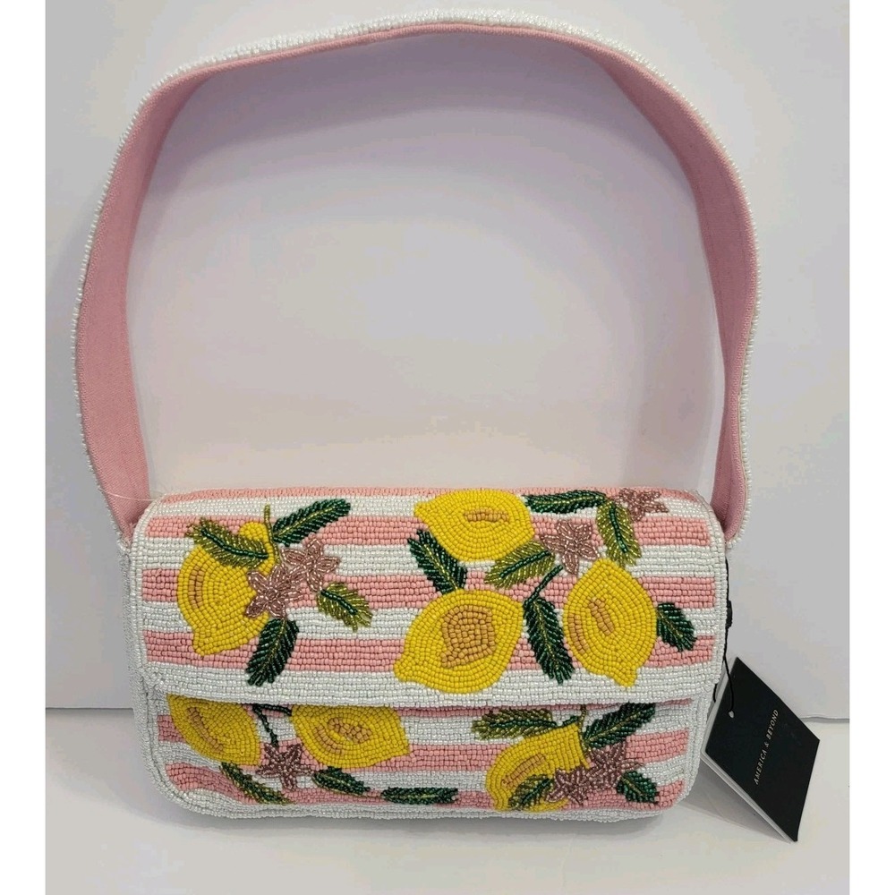 America‎ & Beyond Limoncello Lemons Hand Beaded Shoulder Bag Pink White Striped